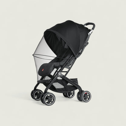 Black stroller with transparent canopy on a light gray background