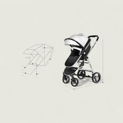 Baby stroller with geometric design elements on a light beige background