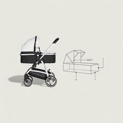 Black and white baby stroller with a diagram on a beige background