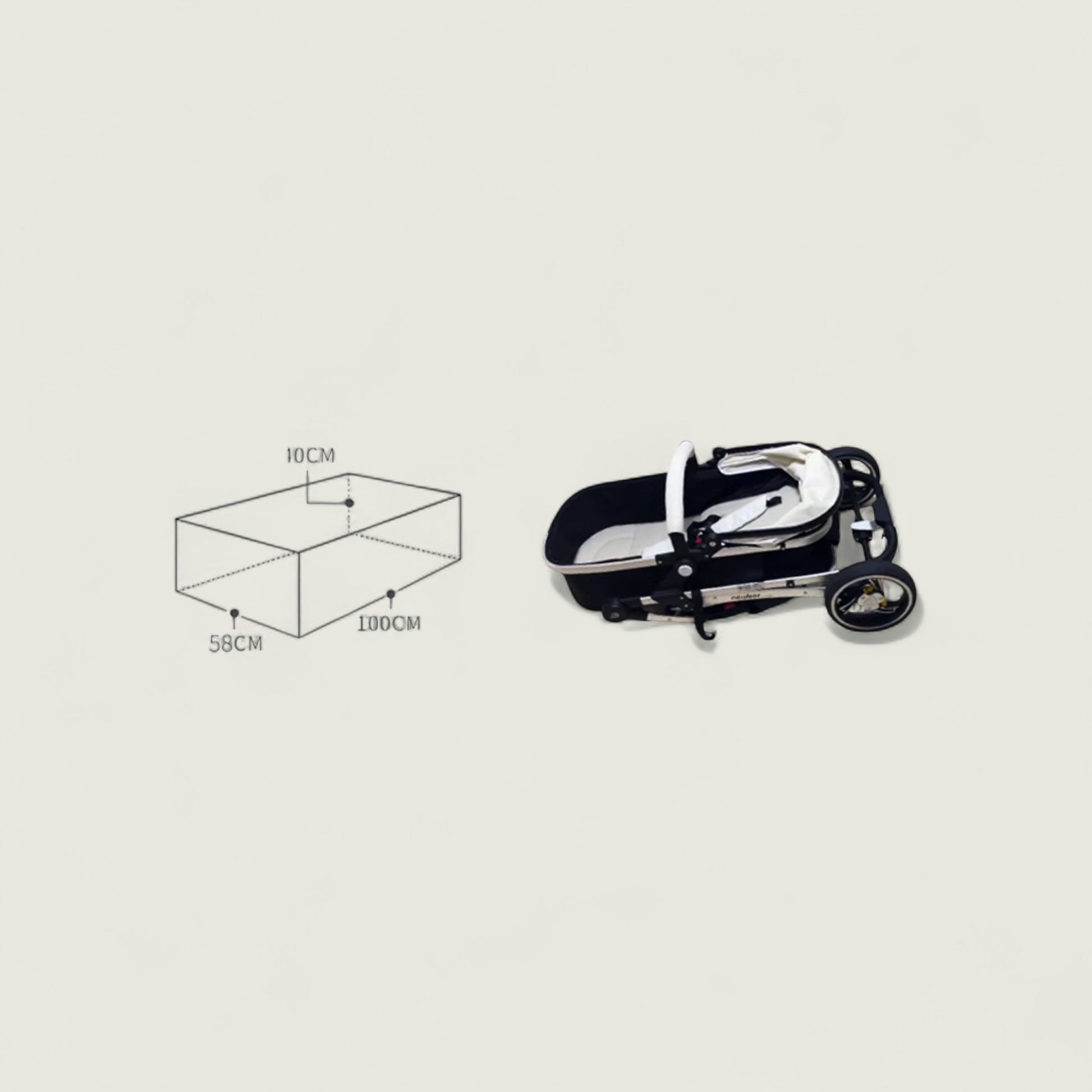 Small black and silver cart with dimensions on a light gray background