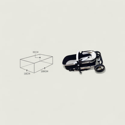 Small black and silver cart with dimensions on a light gray background