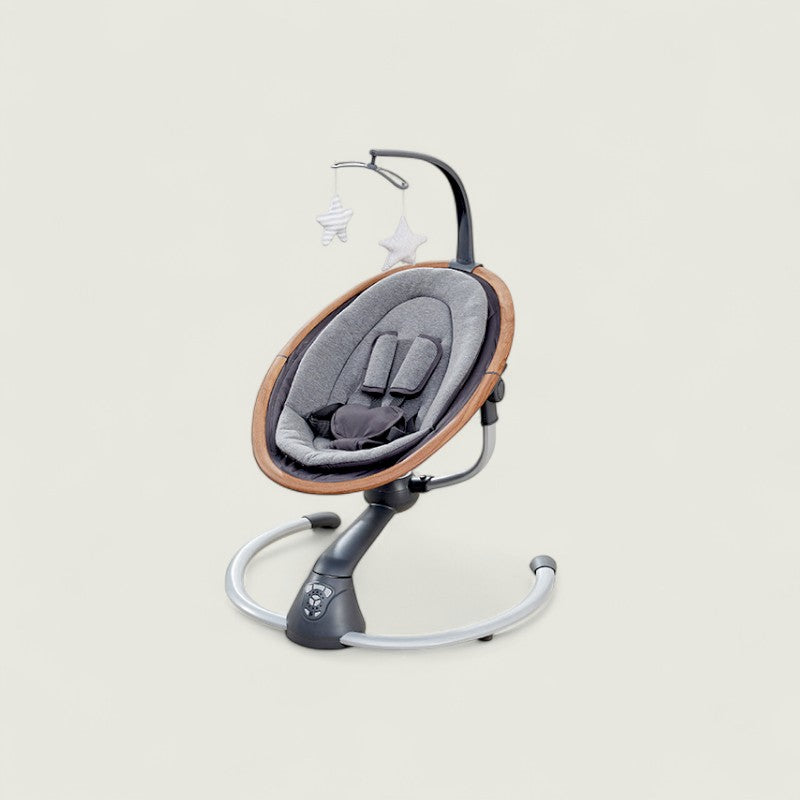 Baby swing with gray seat and wooden frame on a light beige background