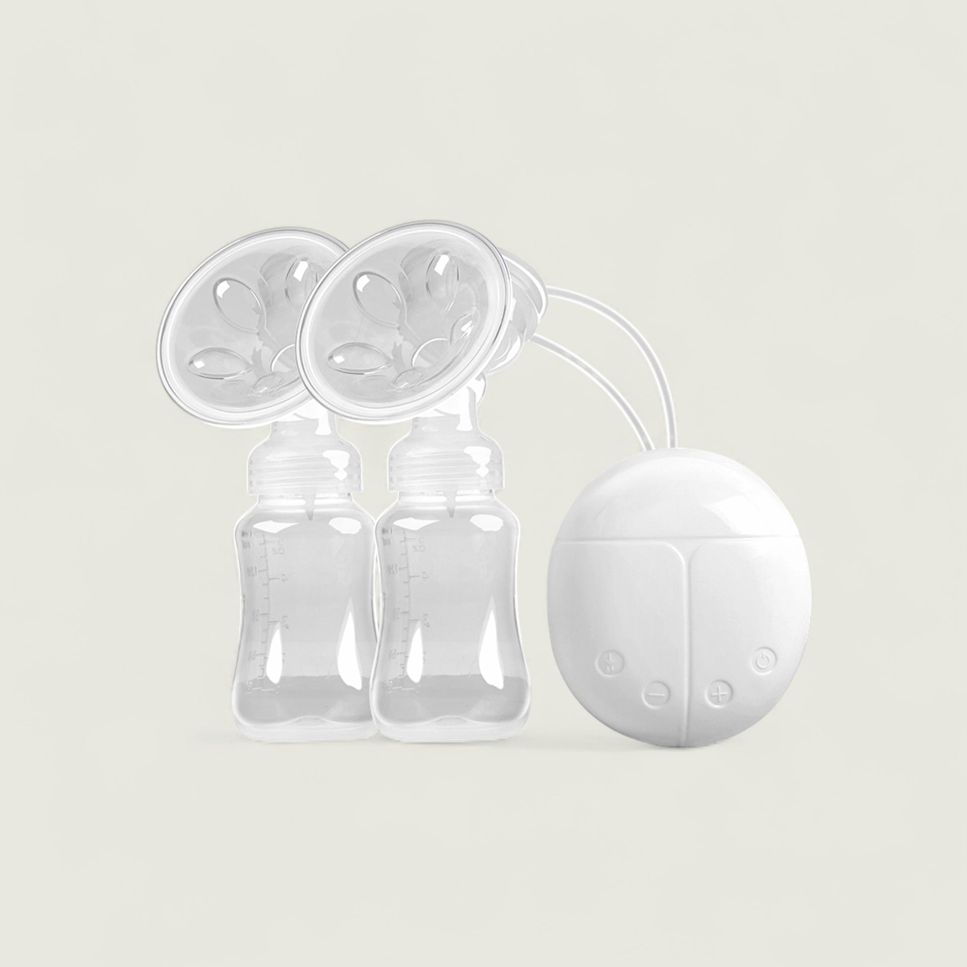 White breast pump with two clear bottles on a light beige background