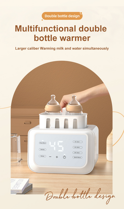Multifunctional double bottle warmer with digital display on a wooden surface.