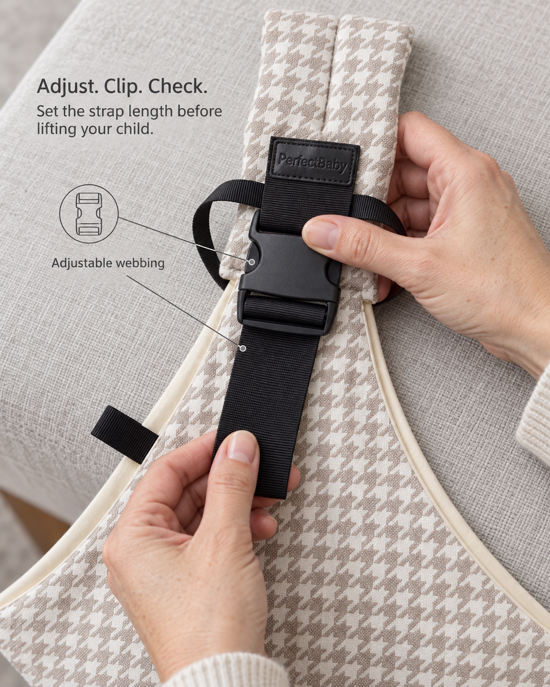 Close view of KANGA buckle and adjustable black webbing