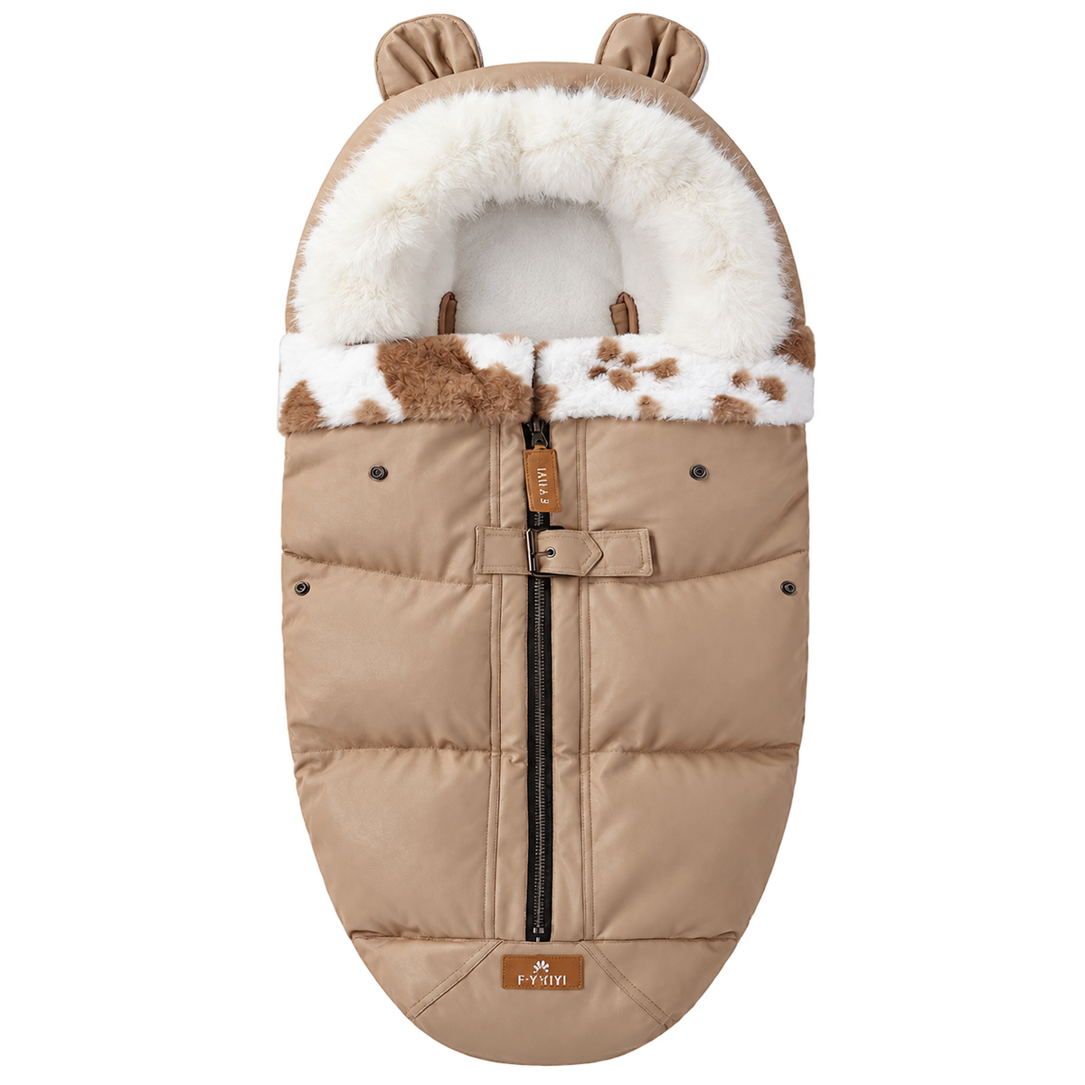 LeatherBear beige footmuff, central front zipper and sewn foot end