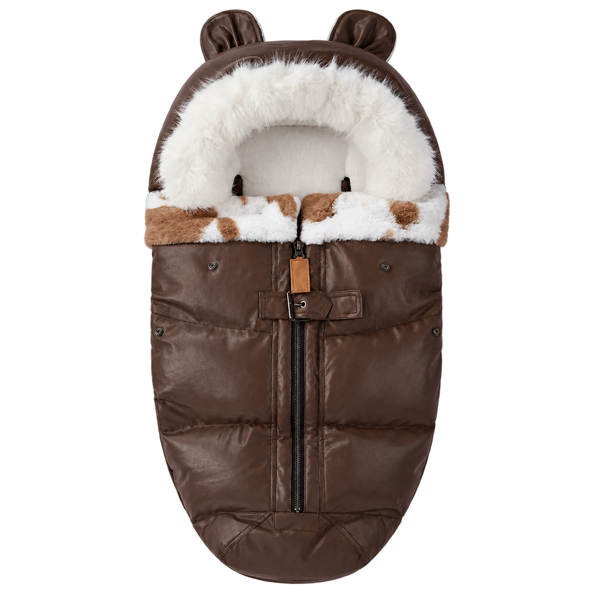 LeatherBear brown footmuff, central front zipper and sewn foot end