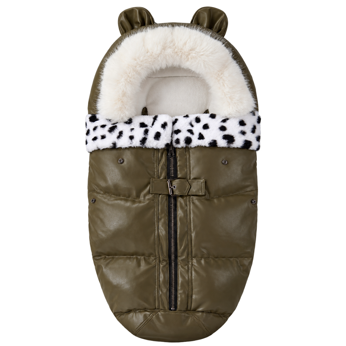 LeatherBear dark-green footmuff, central front zipper and sewn foot end