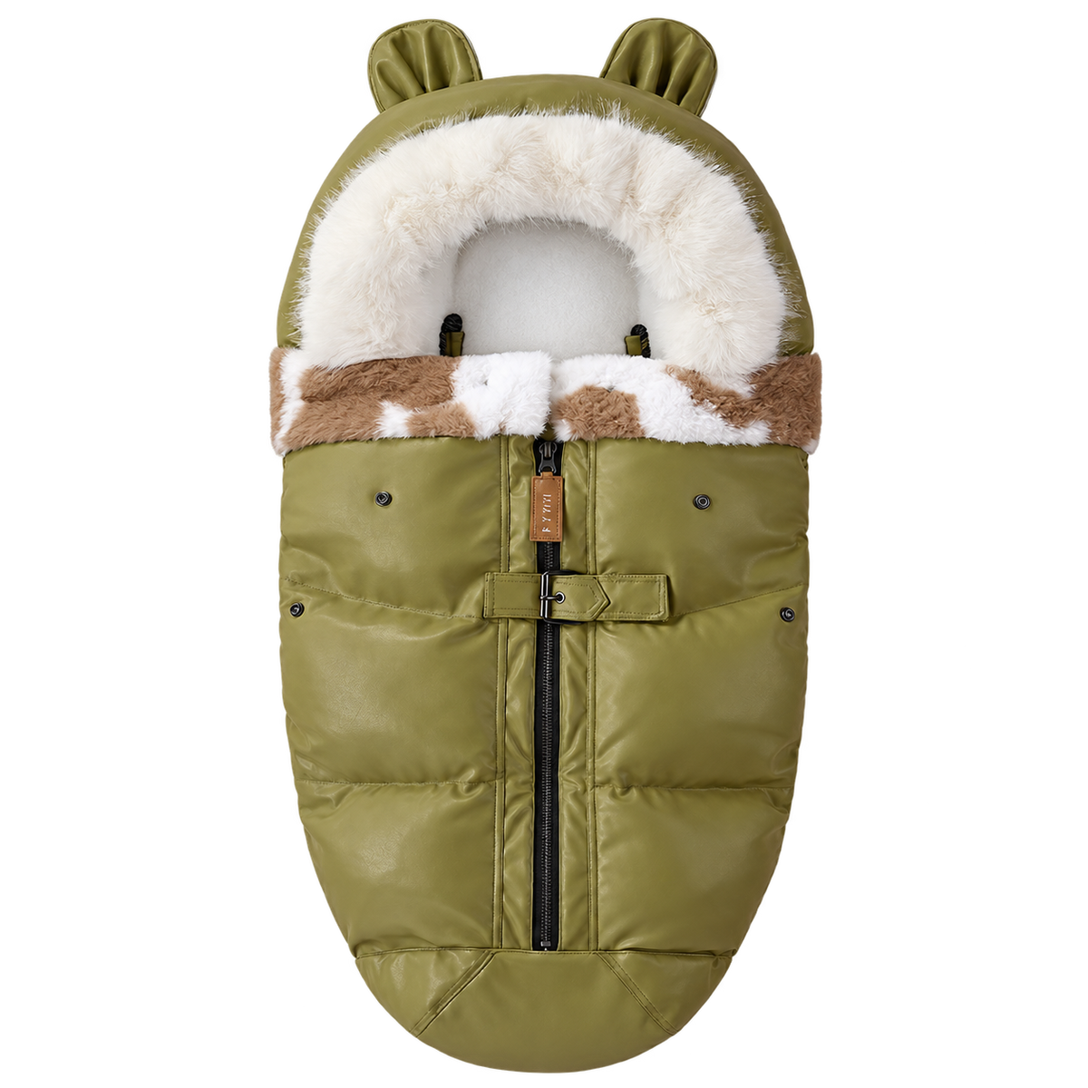 LeatherBear olive footmuff, central front zipper and sewn foot end
