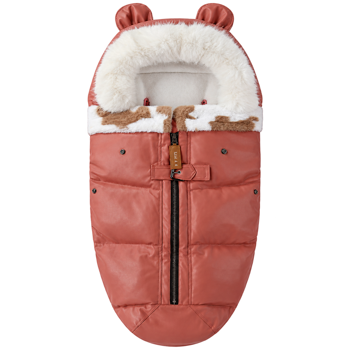 LeatherBear pink footmuff, central front zipper and sewn foot end