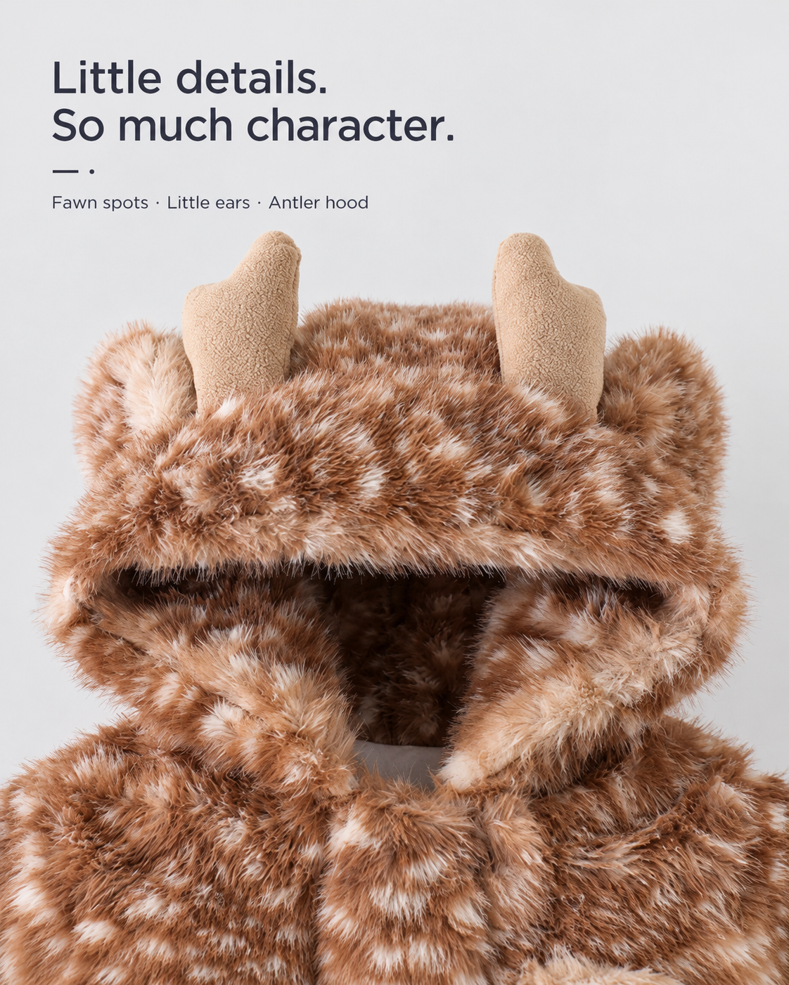 Little Fawn jumpsuit hood with beige antlers, rounded ears and brown spotted faux fur.