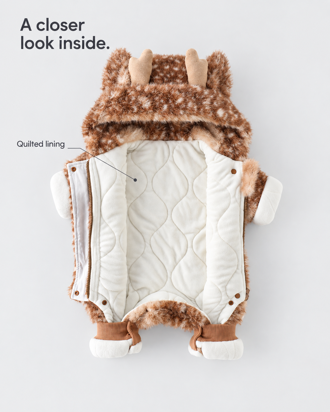 Little Fawn jumpsuit opened to show its ivory quilted lining.