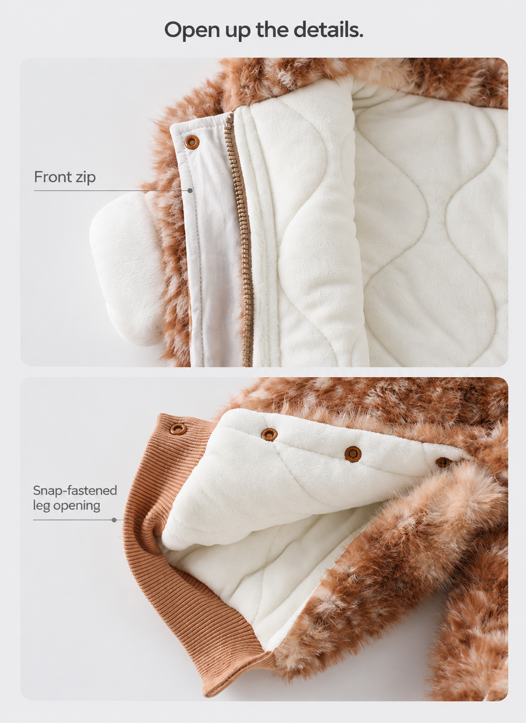 Little Fawn jumpsuit front zip and snap-fastened leg opening close-ups.
