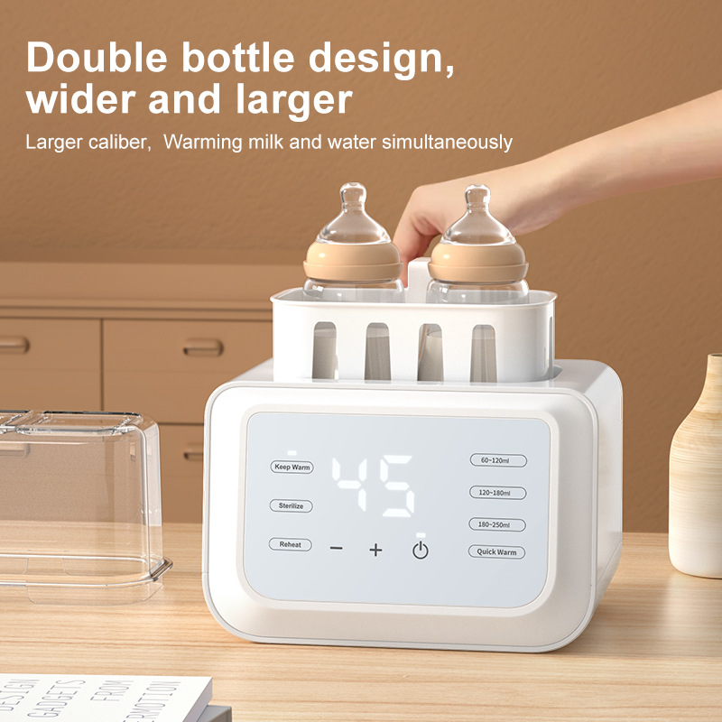 Bottle warmer with two bottles on a wooden surface, text highlighting features.