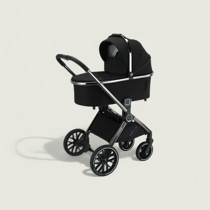 Black baby stroller on a light beige background