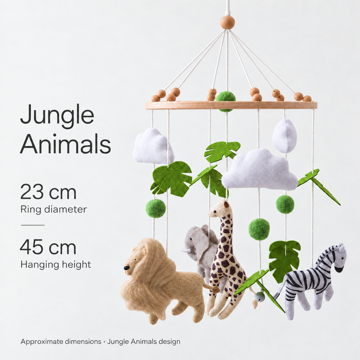 Jungle Animals mobile — approximate ring diameter 23 cm and hanging height 45 cm