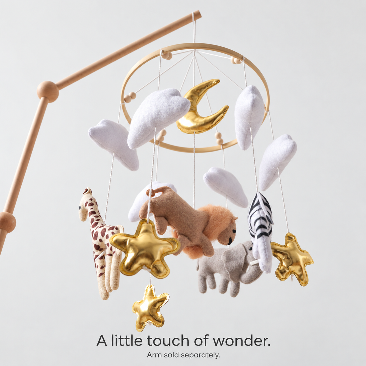 Golden Animal Kingdom mobile on a wooden arm — arm sold separately