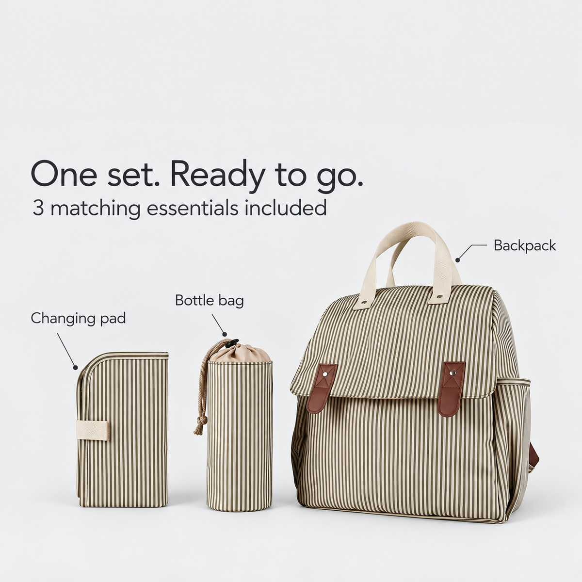 Three-piece set: backpack, bottle bag and changing pad