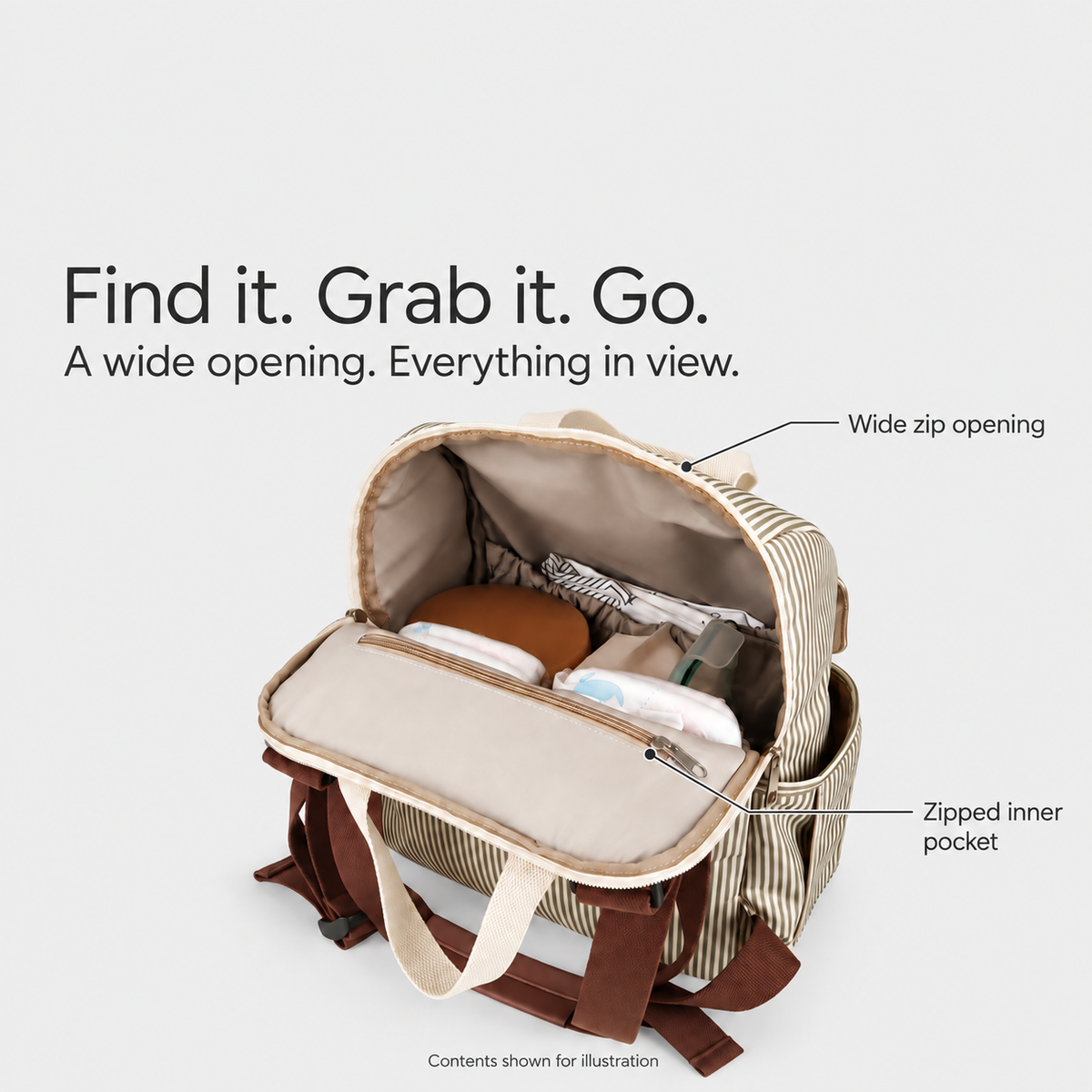 Striped diaper backpack with wide zip opening and zipped inner pocket; contents shown for illustration