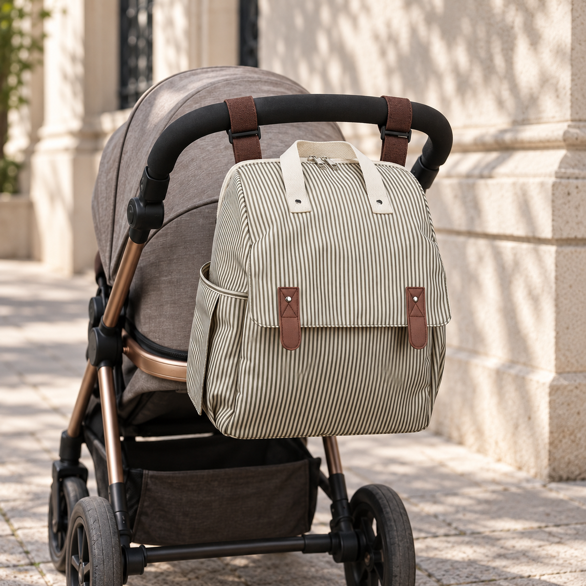 Khaki Stripe diaper backpack attached to a stroller with its brown stroller straps