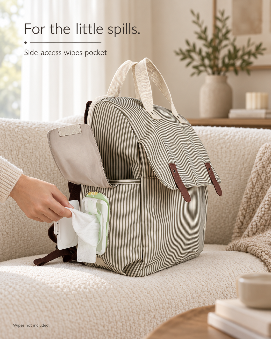 Khaki Stripe diaper backpack on a boucle sofa, showing a wipe drawn from the side-access pocket. Wipes not included.