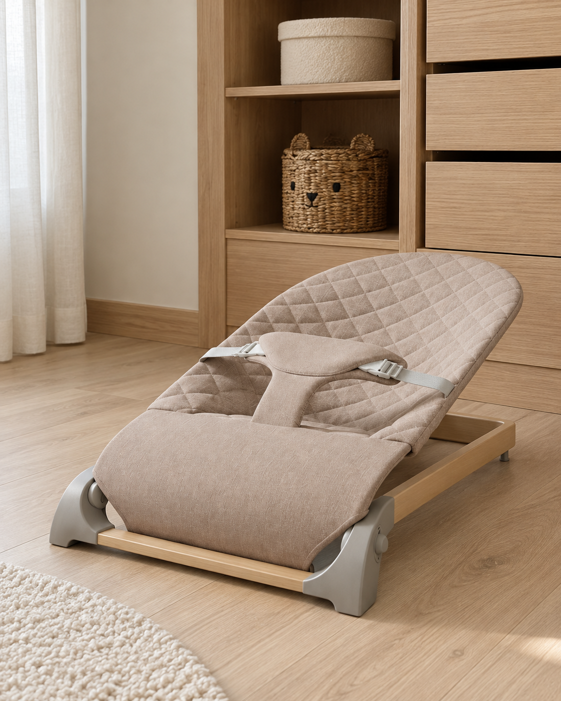 Khaki Baby Bouncer in its lowered position beside oak nursery storage
