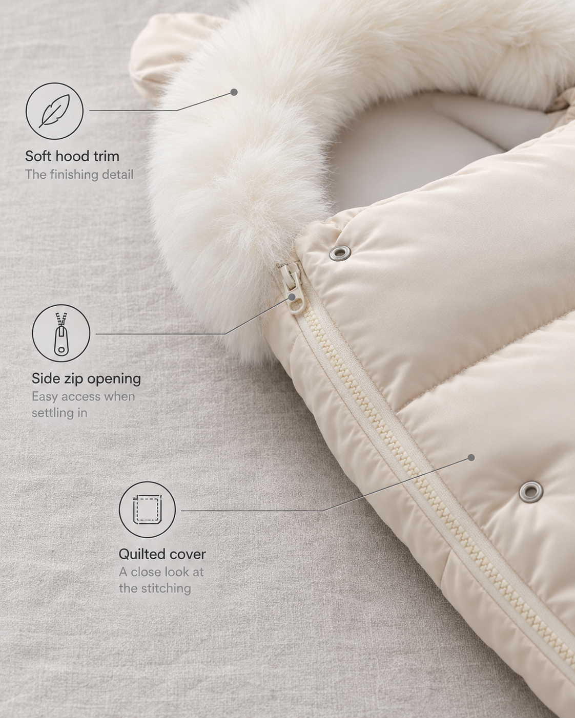 BearWarm Beige side zipper, quilted cover and soft hood trim, shown close up.