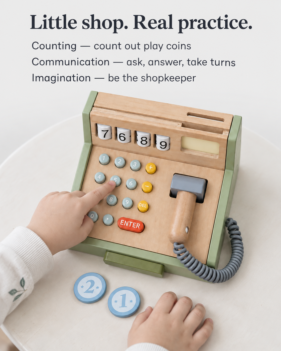 Little shop. Real practice. Counting play coins, communication and imaginative shopkeeper role play.