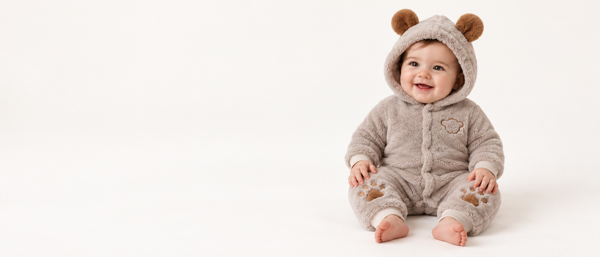 Seated baby wearing plush bear hooded jumpsuit on a warm white background