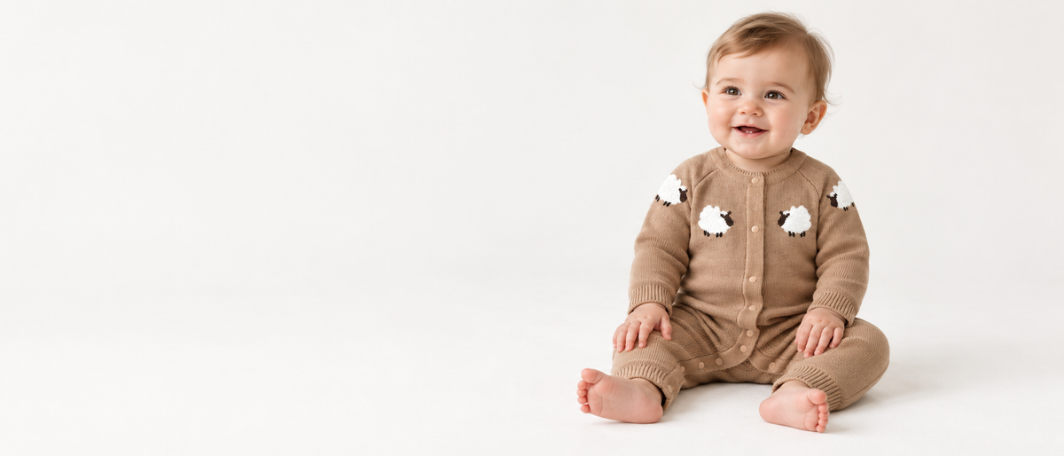 Seated baby wearing Little Lamb camel knit romper on a warm white background