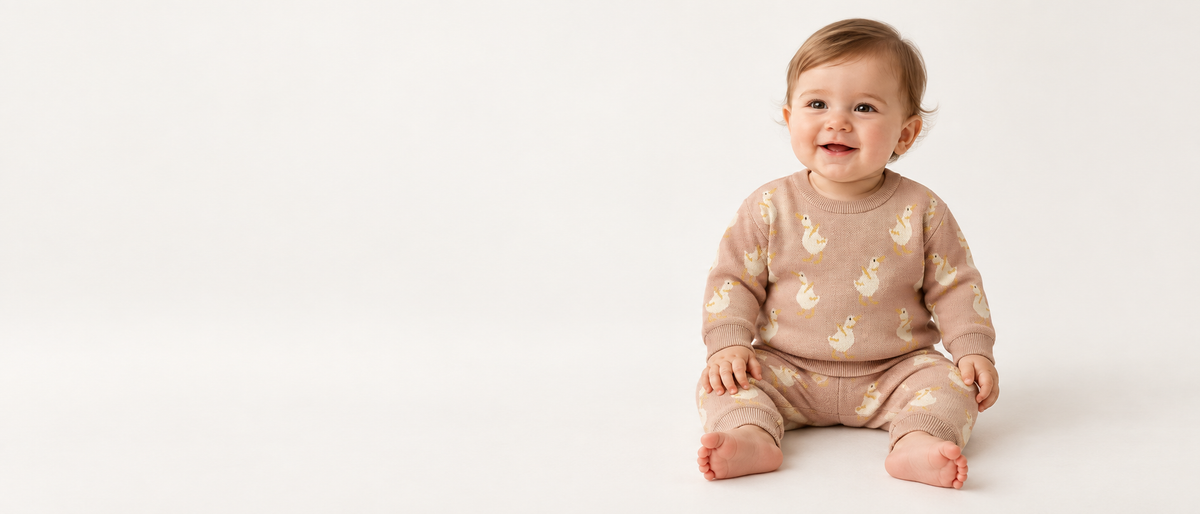 Seated baby wearing apricot duck knit sweater and pants on a warm white background
