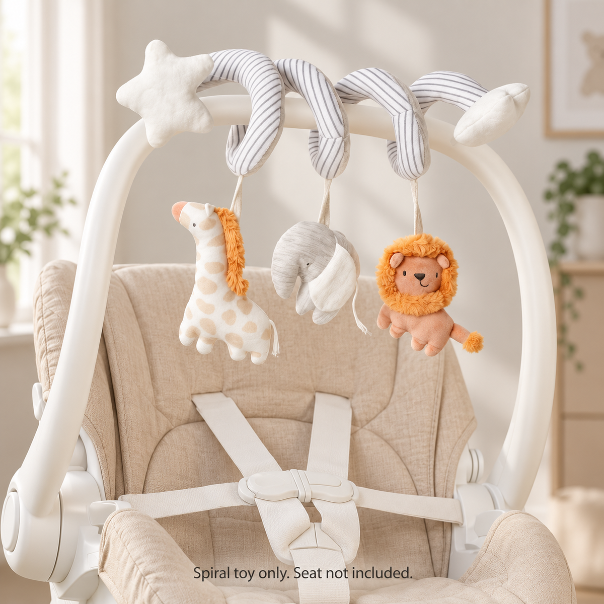 Cotton Spiral Toy wrapped around a curved toy bar; seat not included