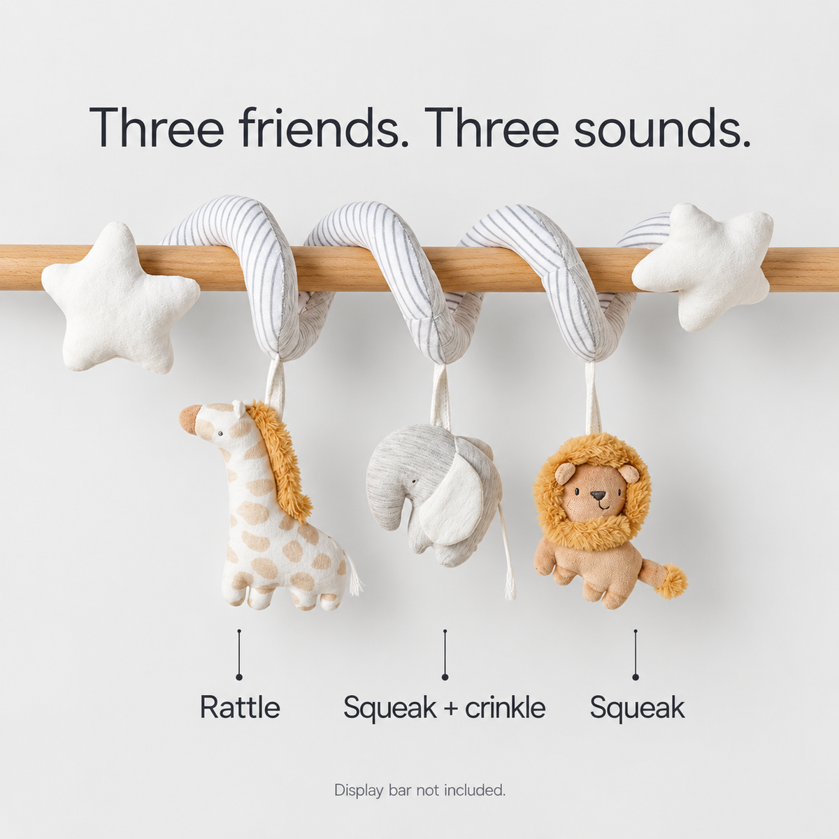 Cotton Spiral Toy sounds: giraffe rattle, elephant squeak and crinkle, lion squeak