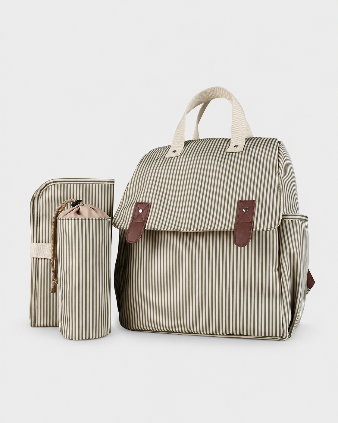 PerfectBaby 3-Piece Diaper Backpack Set — Khaki Stripe