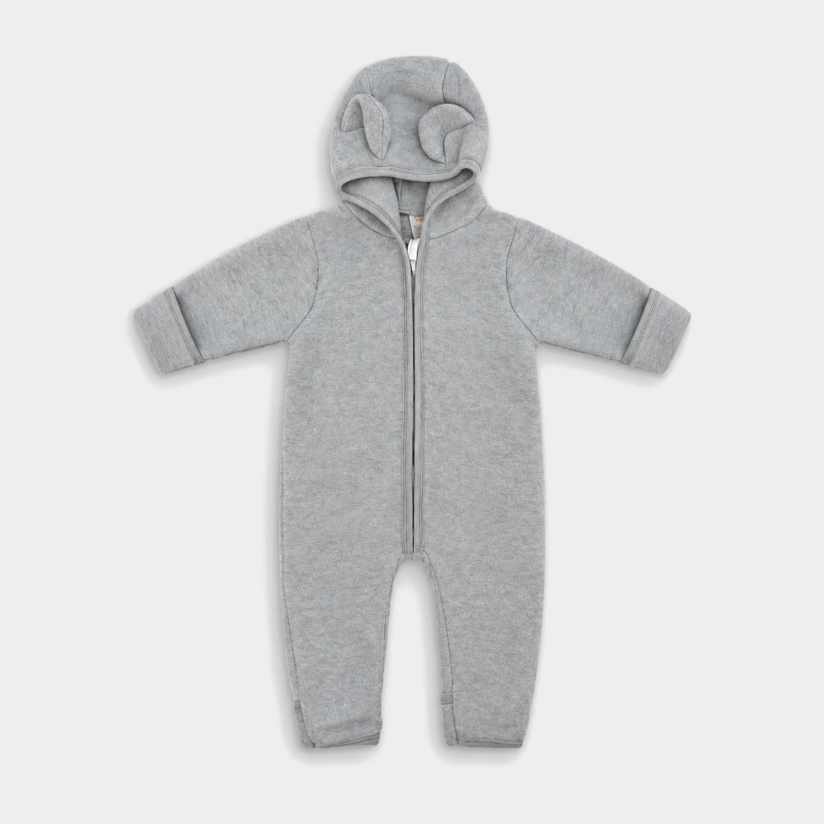 Light Grey bear-ear romper with its front zipper and full shape visible