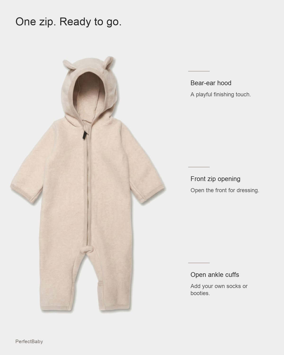 Bear-ear hood, front zip opening and open ankle cuffs
