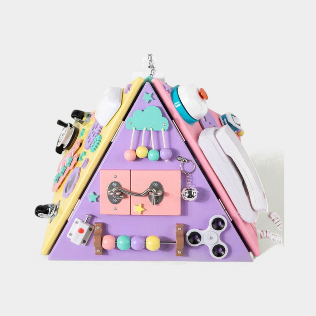 montessori pyramid busy board — Busy Board, full product view on a light grey background