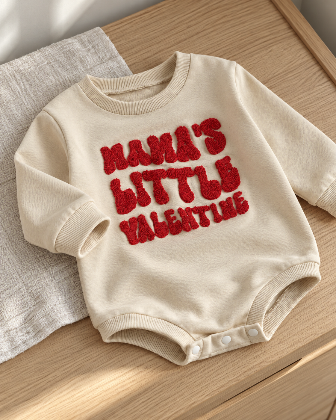 Apricot Little Valentine romper with raised red lettering, ribbed edges and three bottom snaps