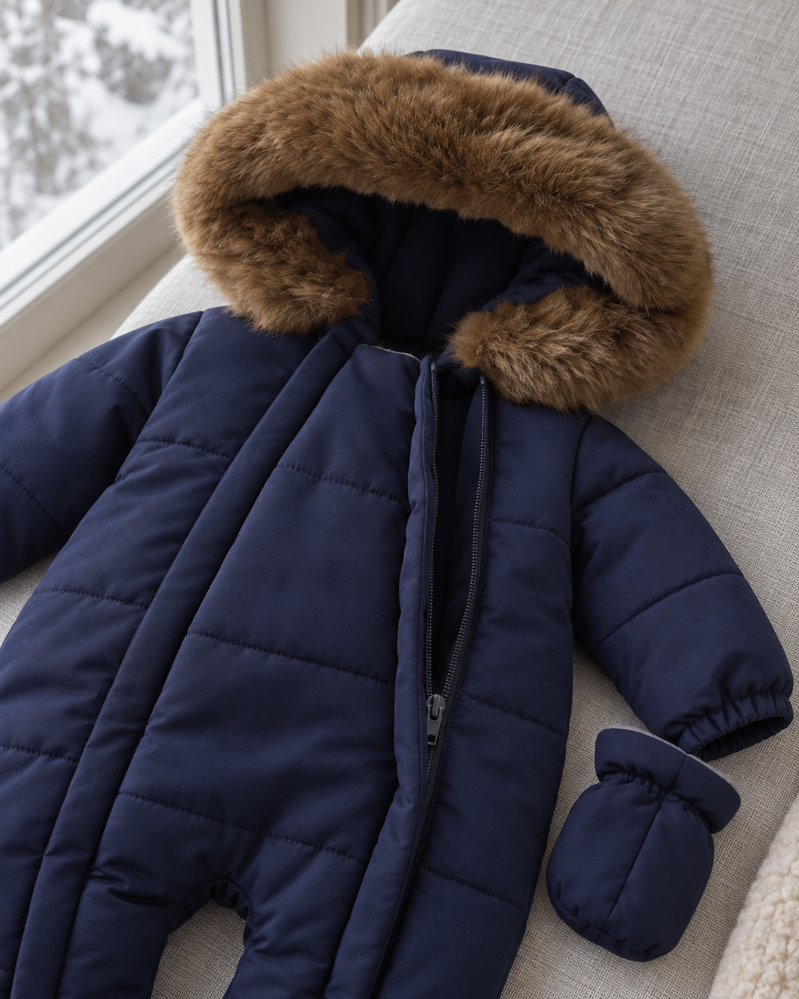 Navy winter snowsuit close-up showing fur-trimmed hood, front zipper and matching mitten