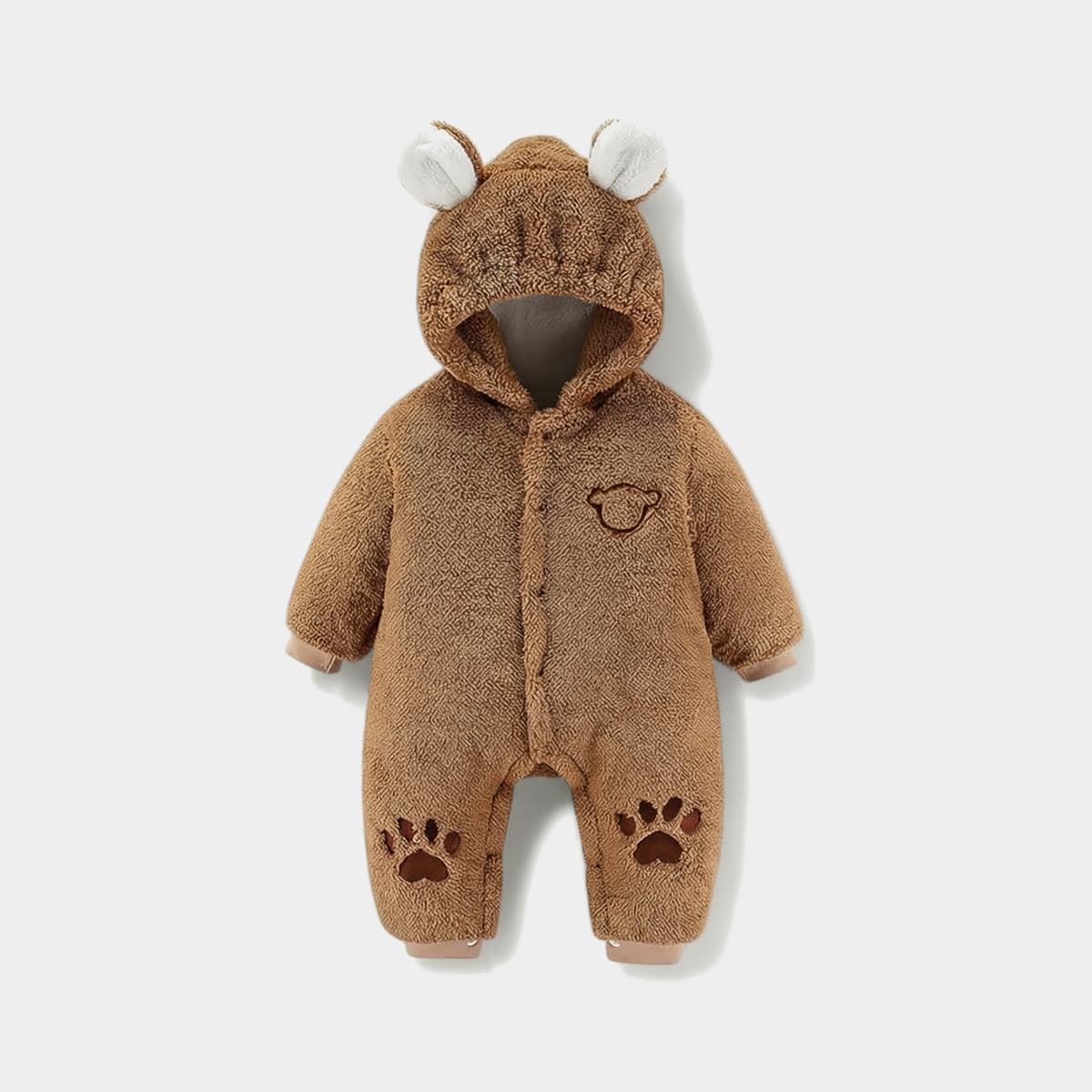 plush bear baby jumpsuit — Brown, full product view on a light grey background