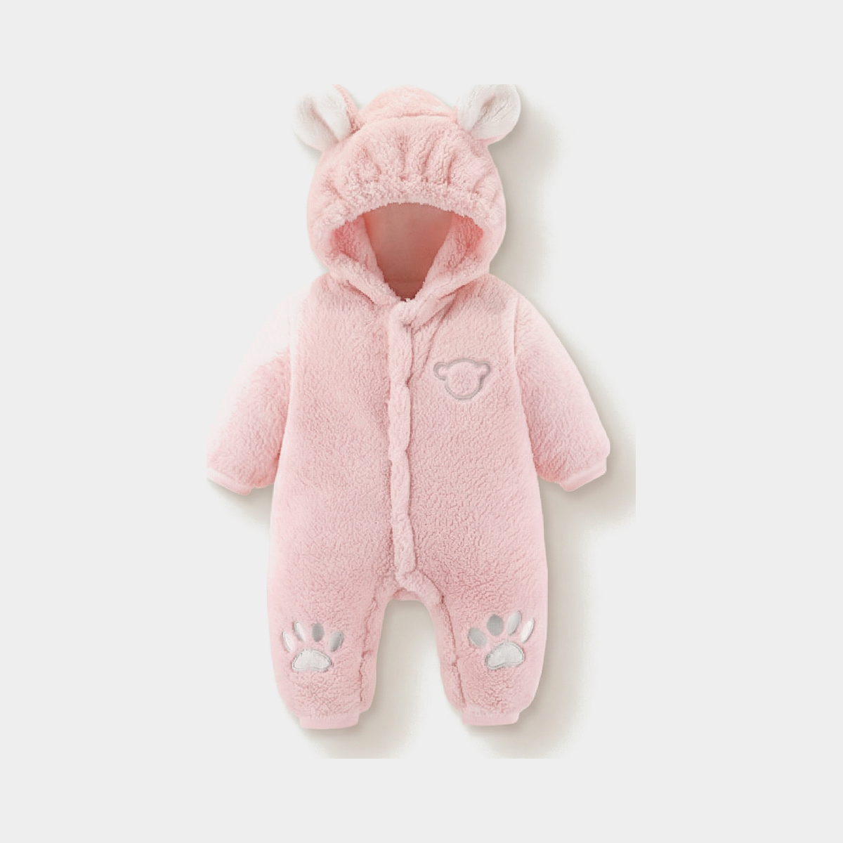 plush bear baby jumpsuit — Pink, full product view on a light grey background