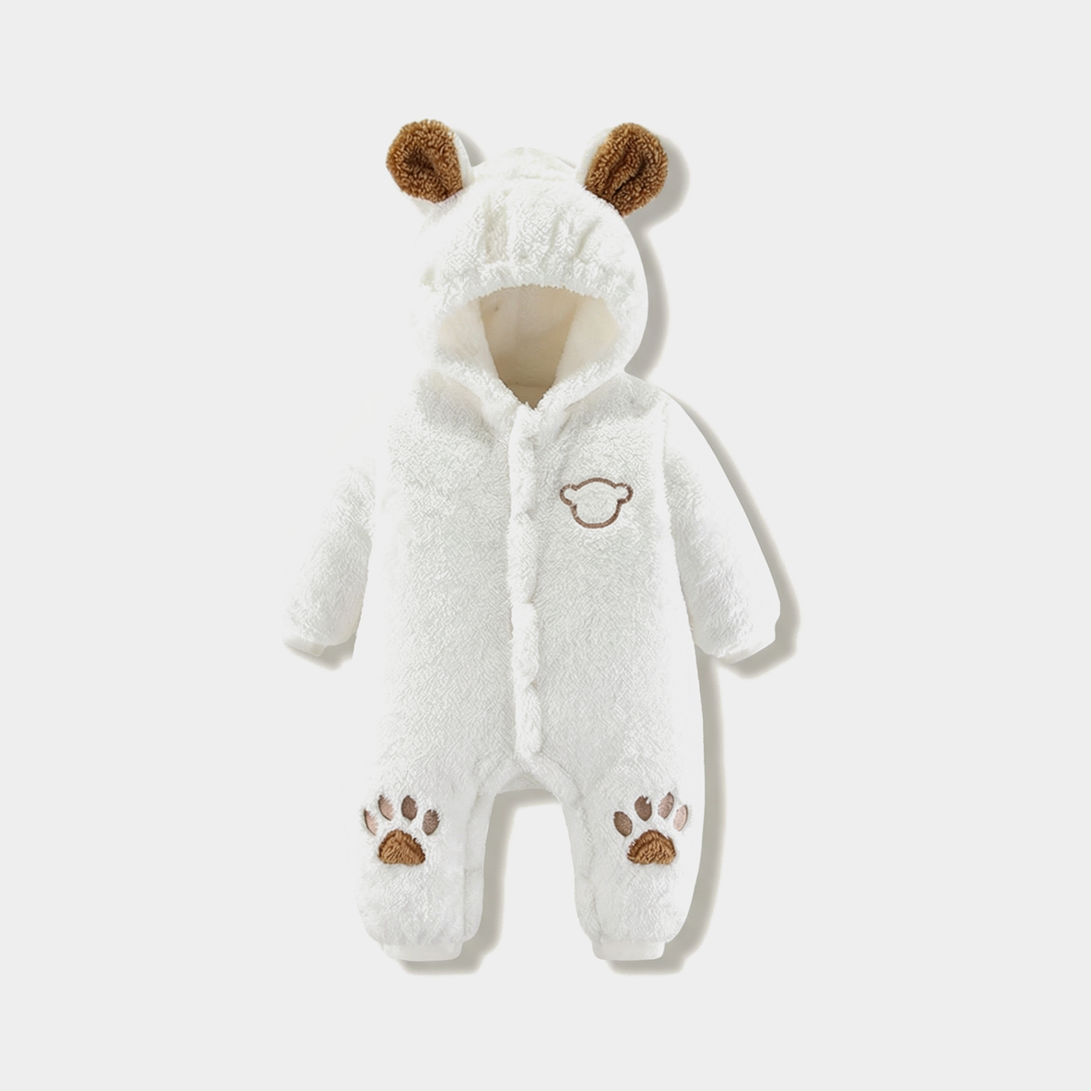 plush bear baby jumpsuit — White, full product view on a light grey background