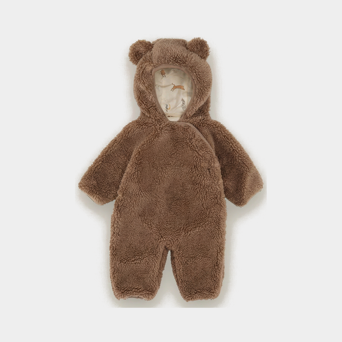 teddy fleece baby onesie — Brown, full product view on a light grey background