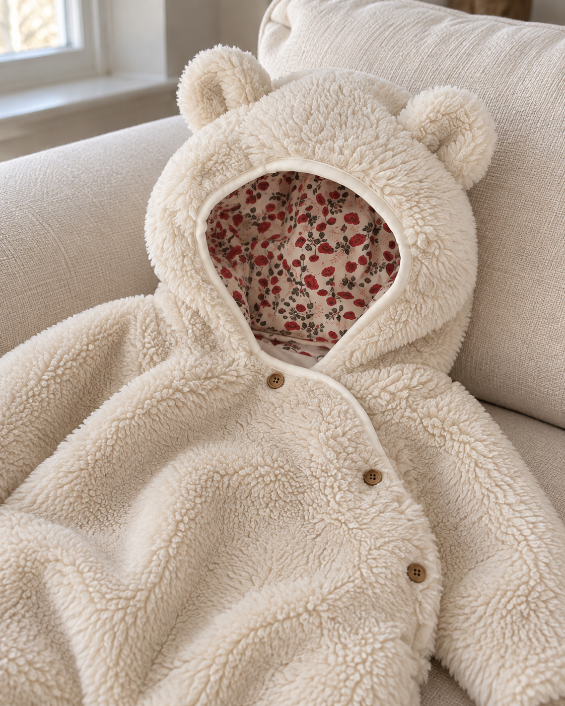 Cream Teddy romper close-up showing bear ears, floral hood lining and three wooden buttons