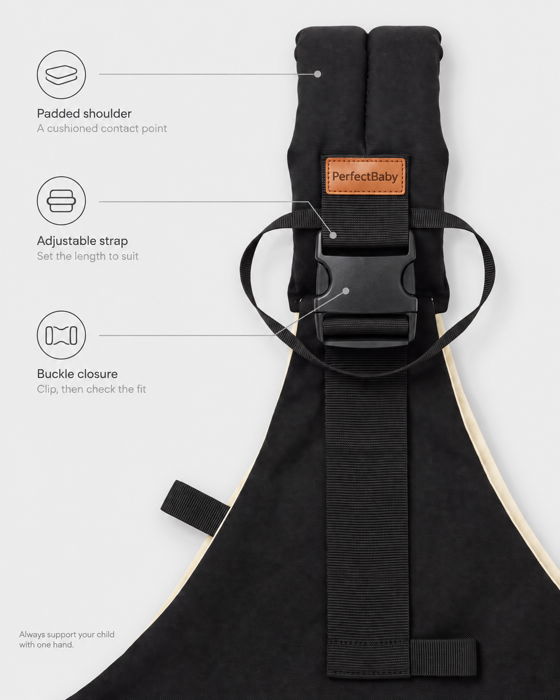 KANGA padded shoulder, adjustable strap and buckle, with fine-line detail labels.