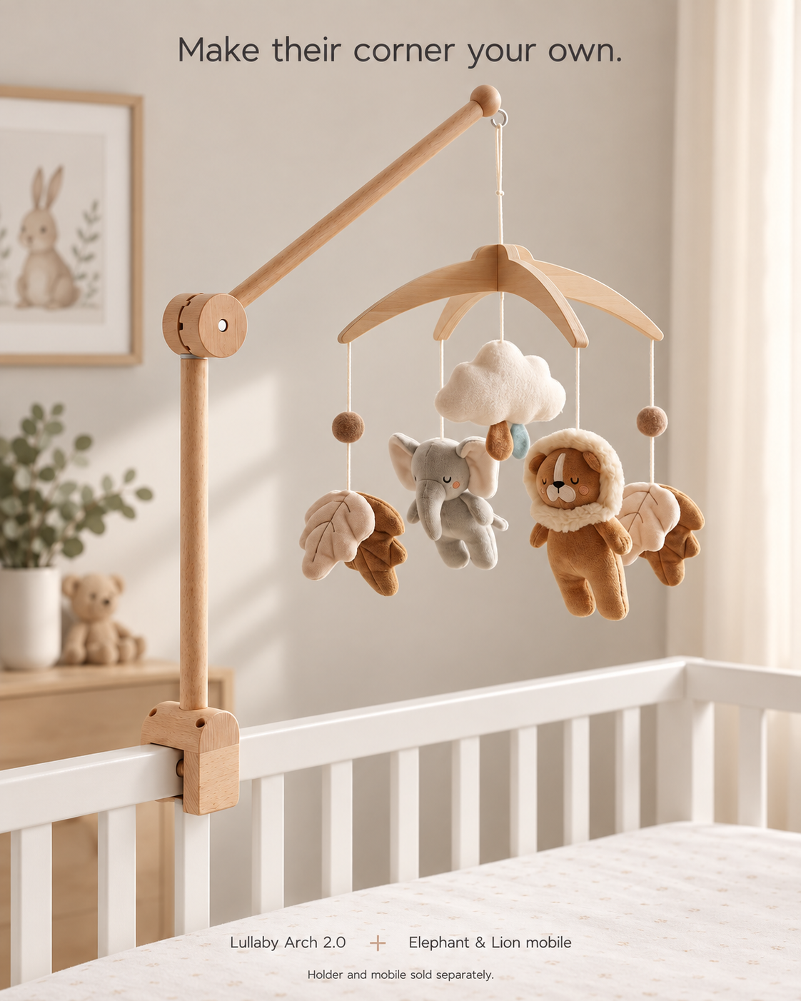 Lullaby Arch 2.0 holder with Elephant & Lion mobile in a neutral nursery; holder and mobile sold separately