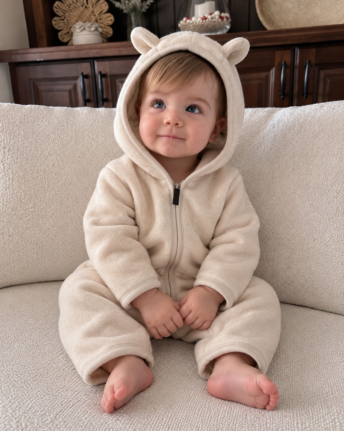 Baby wearing the Apricot Camel romper with the hood up, both bear ears and front zipper clearly visible