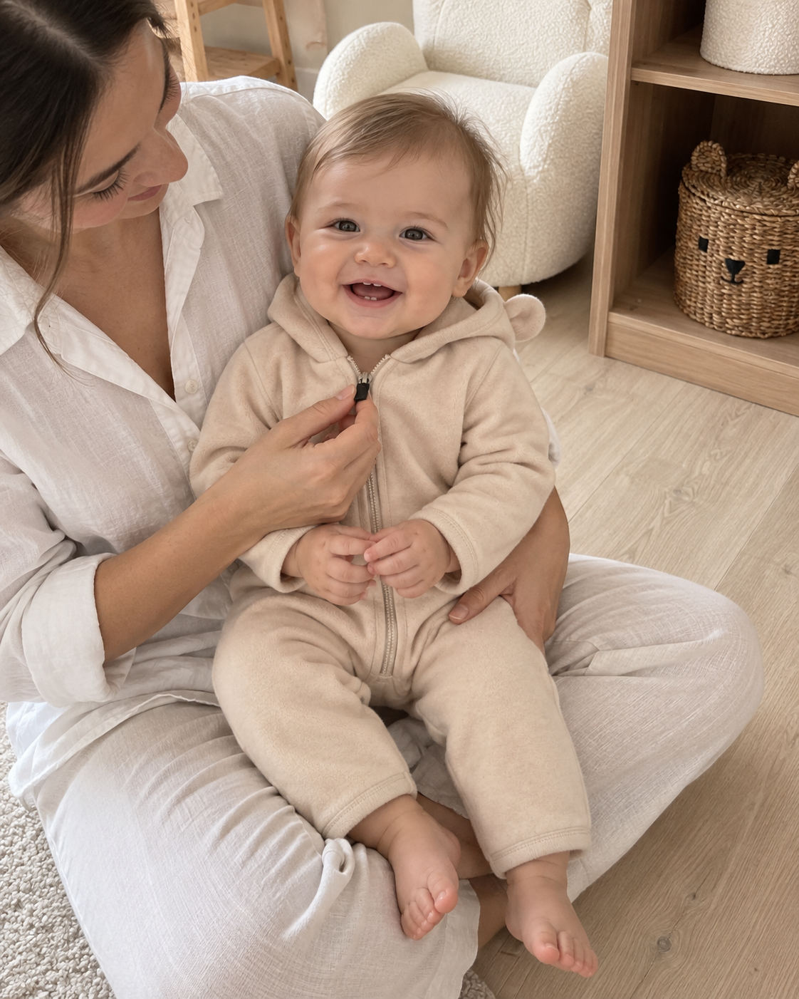 Apricot Camel bear-ear romper worn by a baby held on a parent's lap, with the front zipper visible