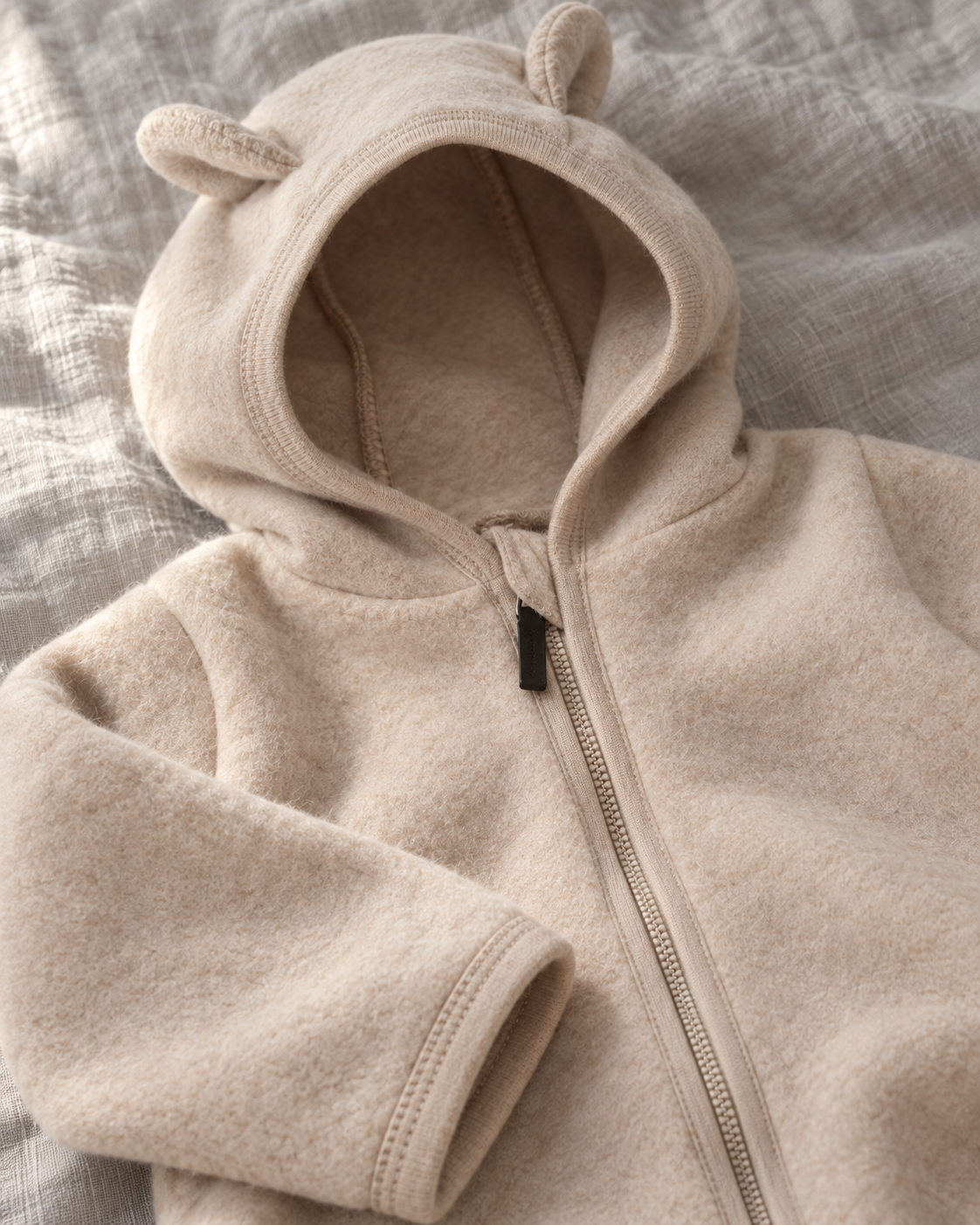 Apricot Camel merino romper close-up showing fabric, hood seams, zipper and cuff