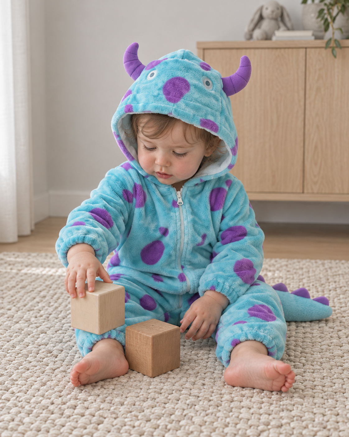 Monster jumpsuit worn by a seated child playing with wooden blocks